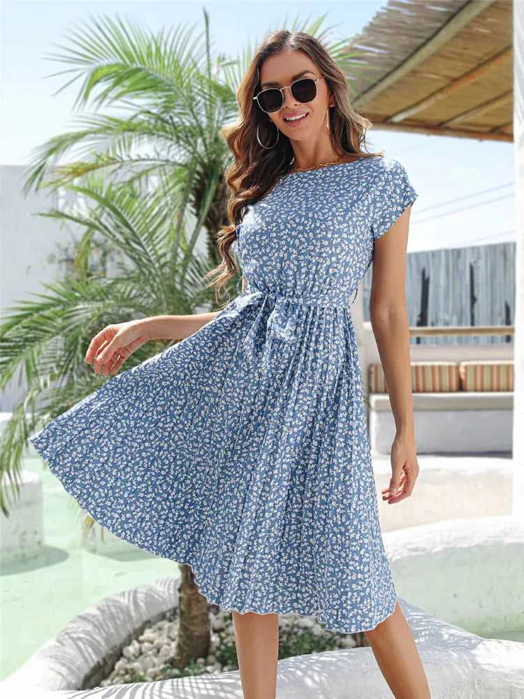 Msfilia Summer Print Pleated A Line Long Dress Women Short Sleeve High Waist Spring Round Neck Chic Dress with Belt The jack market .AU The jack market .AU Woman Fashion $ 88 14:200004870#Flower NavyBlue;5:100014065