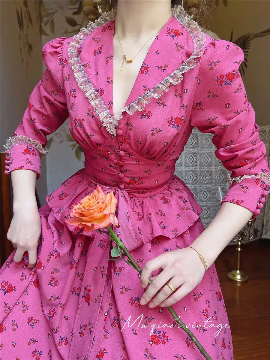 Rose Red Flower Autumn Long Sleeve French Vintage Dress V-neck Waist Cinched Slimming Ruffle Large Swing Long Dress for Women