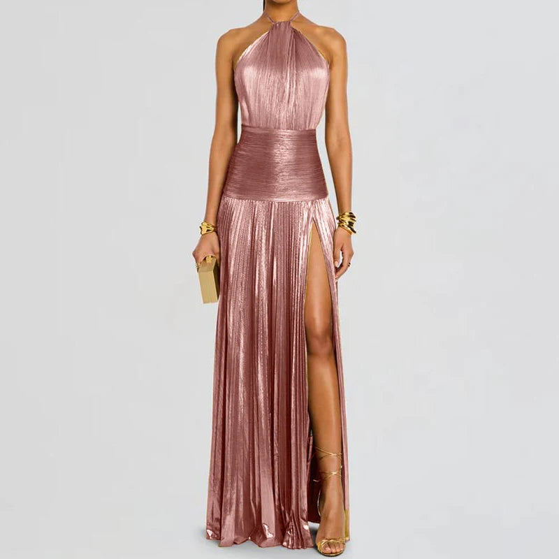 Chic Women's Backless Maxi Dress - Sleeveless Halter Patchwork Elegance for Summer Parties