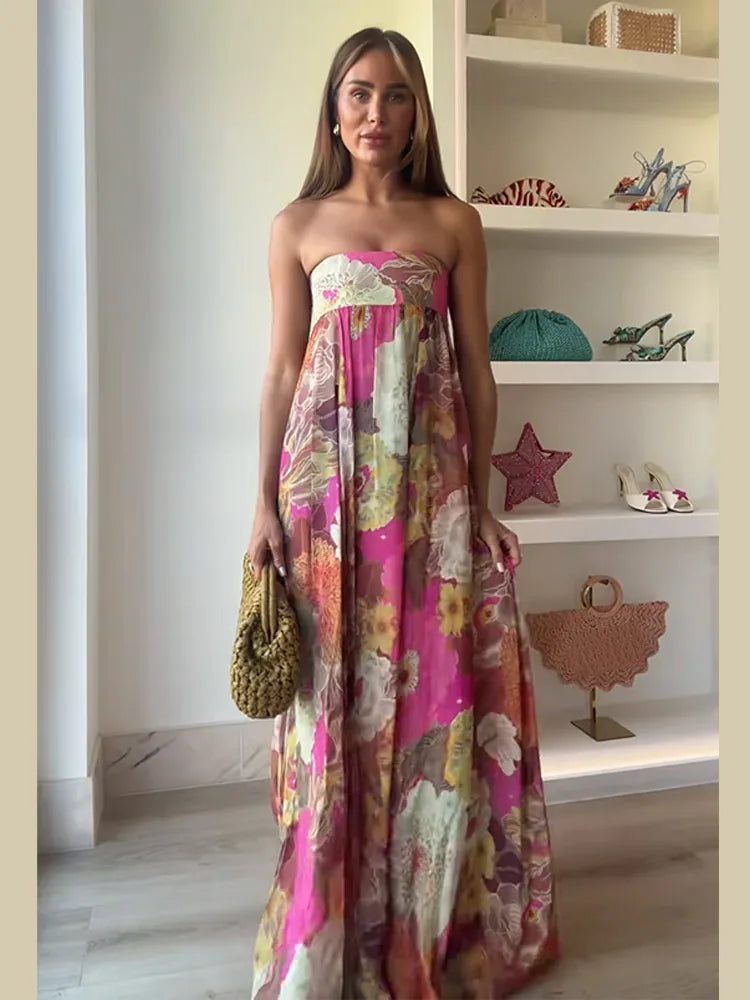 Chic Floral Print Pleated Long Dress Women's Sexy Strapless Backless Loose Party Vestidos 2025 Summer Lady High Street Robes New