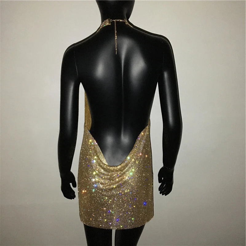 Bling Backless Rhinestone Dress - Sexy Deep V Neck, Sleeveless, Side Split Halter for Nightclub & Party