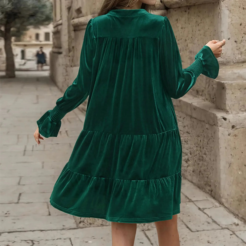 Elegant Vogue Velvet Midi Dress - Long Sleeve V-Neck, High Waist, Chic Style for Evening Parties & Christmas Celebrations