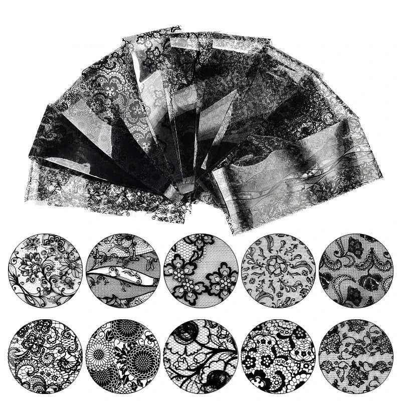 Black Floral Lace Nail Art Transfer Paper Set - 10 Sheets of Stunning Patterns for Creative Designs