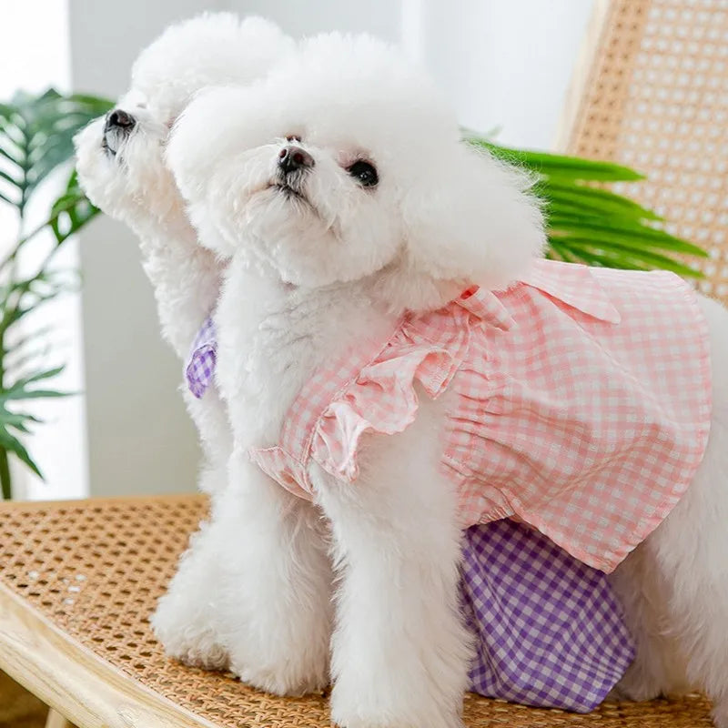 Pawfect Paws Summer Plaid Suspender Skirt Dress - Chic Pink Bow for Small Breeds like Chihuahua & Yorkie