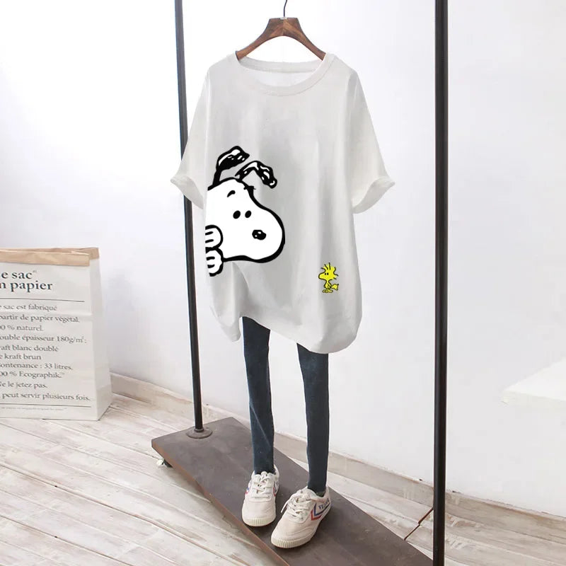 new Snoopy women's loose large version top summer short-sleeved t-shirt women's cotton mid-length cartoon women