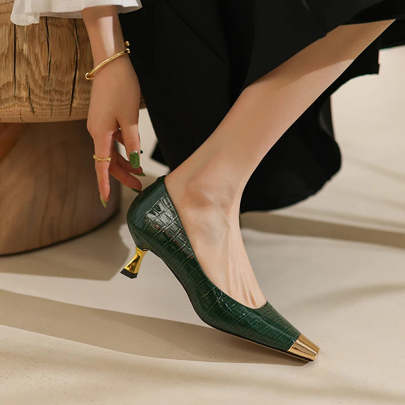 【JOCHEBED HU】Brand New Shoes Metal Square Toe Women Pumps Patchwork Genuine Leather Thin High Heels Ladies Footwear Plus 34-43