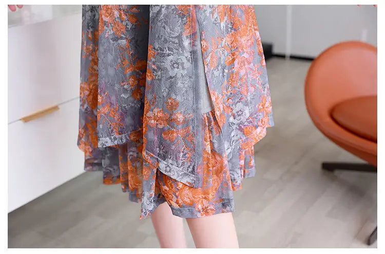 Fashion Casual Irregular Loose Midi Dress Female Clothing Commute Round Neck Summer Short Sleeve Gauze Patchwork A-Line Dresses