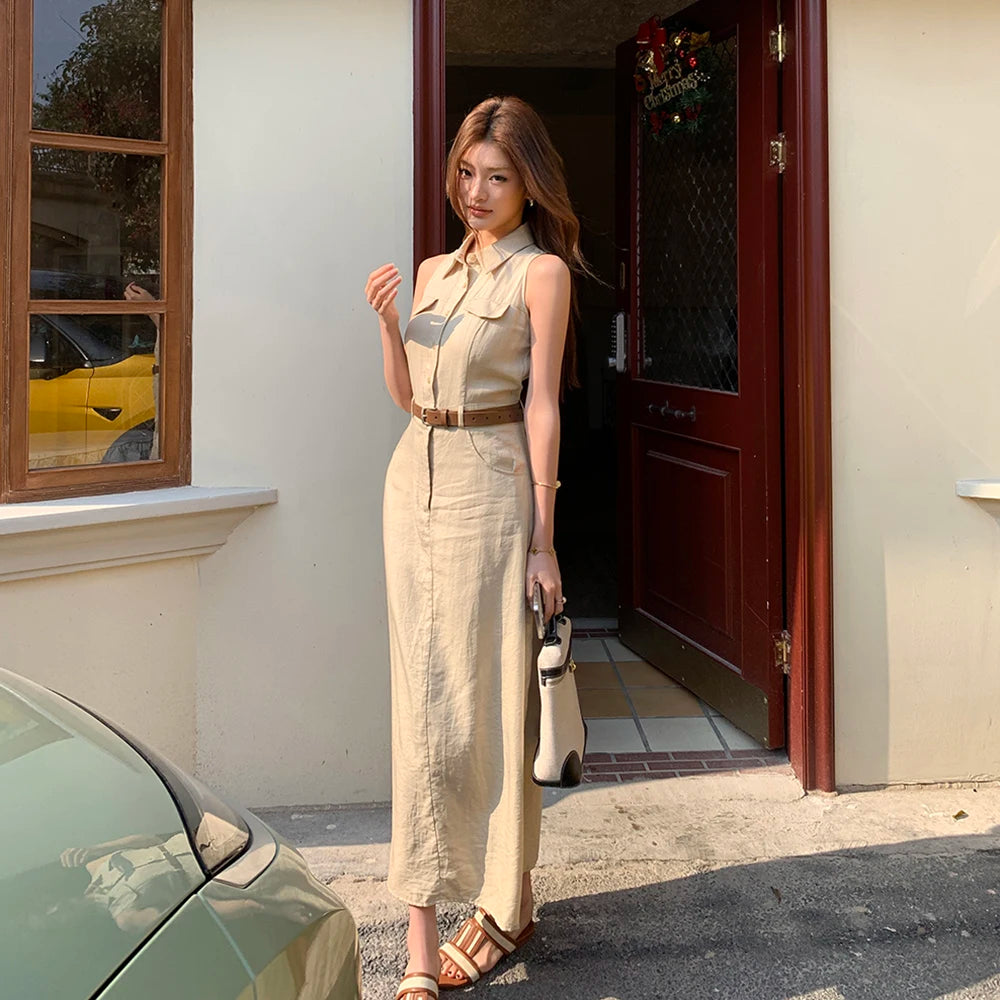 Elegant Moments Spring Summer Sleeveless Office Dress - Chic Turn-down Collar for Effortless Style at Evening Parties
