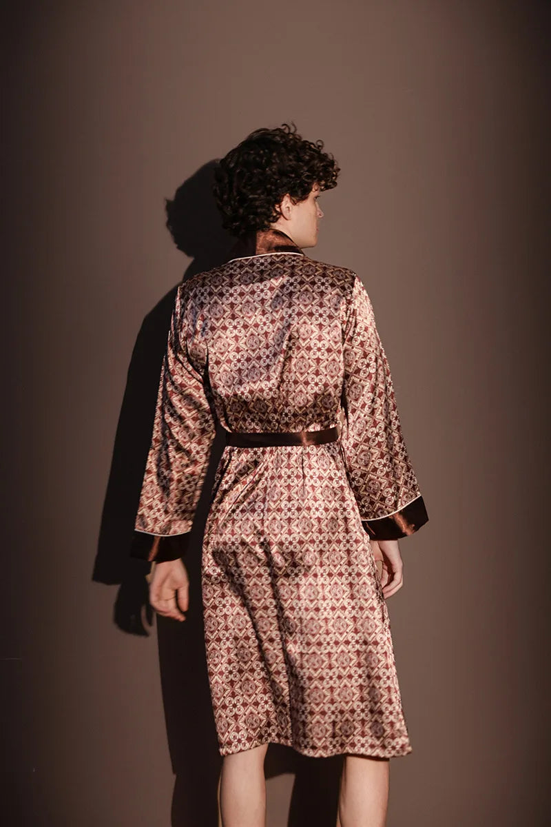 Men's Thin Bathrobe High Quality Nightrobes One-Piece Robe Male Loungewear Gents Spring and Autumn New Ice Silk Printed Pajamas