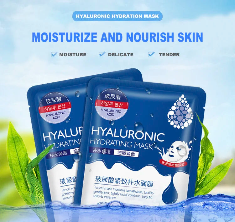 10 Pieces Hyaluronic Acid Facial Mask Sheet Pores Moisturizing Oil-Control Anti-Aging Replenishment Whitening Face Care