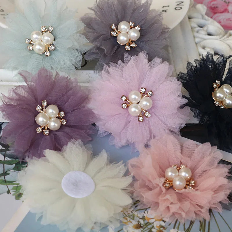 10PCS/Lot 6.5CM Pearl Center Handmade DIY Fabric Flowers Hair Accessories Dress Shoes Hats Decoration