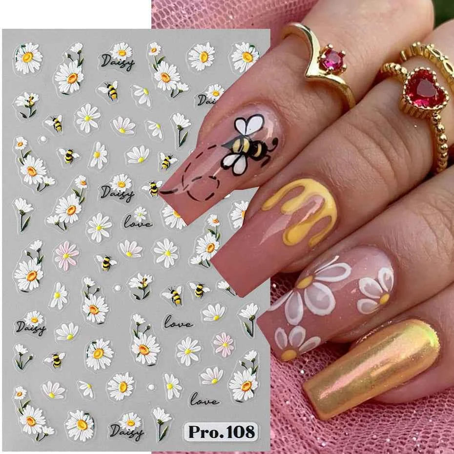 Daisy Dreams Nail Stickers - 5D White Flower & Bee Design, Self-Adhesive Acrylic Decals for DIY Manicure Magic