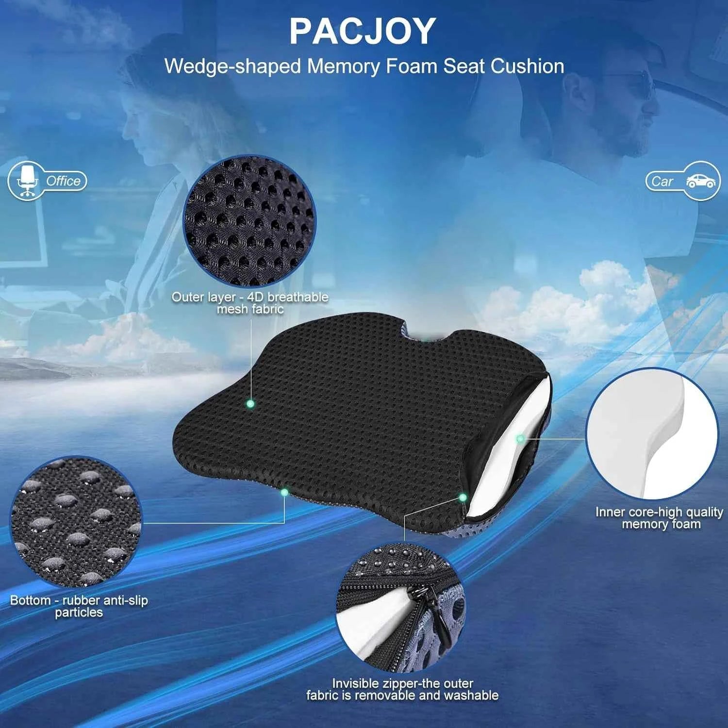 Premium Car Seat Cushion for Enhanced Comfort - Polyurethane Wedge-Shaped Memory Foam Design, Relieves Sciatica and Coccyx Pain