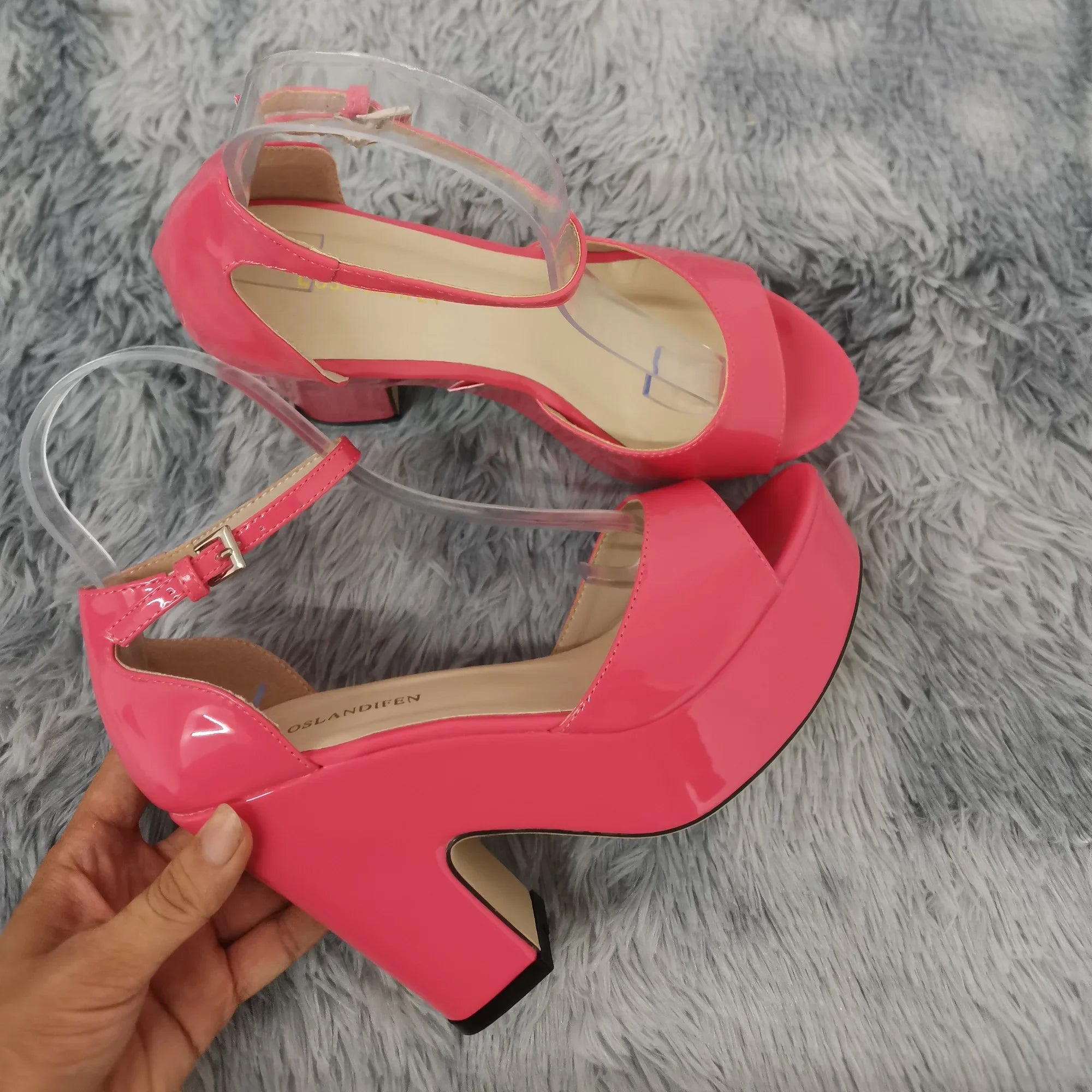 Women Sandals 2026 Summer Ankle Strap Pumps Colourful Sexy Peep Toe Square High Heels Flock Platform Wedding Pole Dancing Shoes