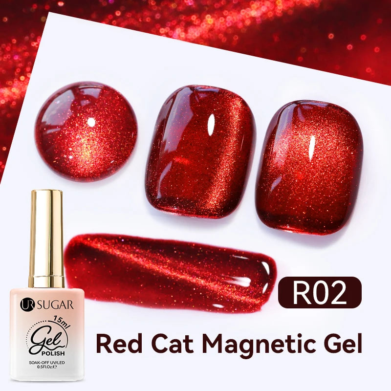 UR SUGAR 15ml  Autumn Winter Red Cat Magnetic Gel Nail Polish White Dopamine Nail Sparkling Glitter Soak Off UV LED for Manicure
