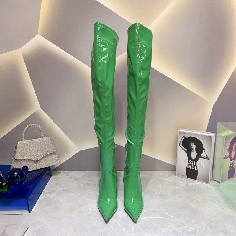 Women's Pointed Tiger Teeth Heel Knee High Elastic Boots Fashionable Over-the-Knee Super High Heel Banquet Show Shoes Autumn Winter