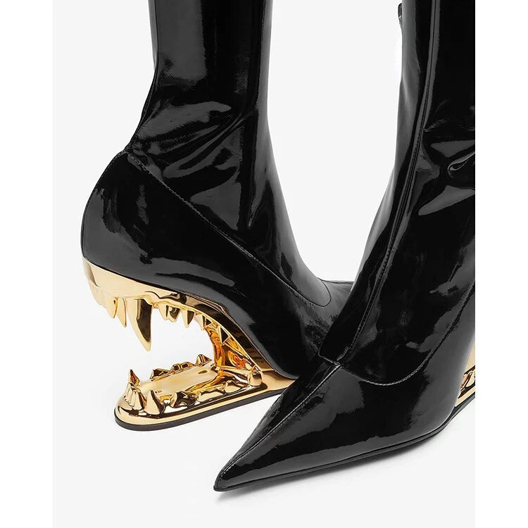 Women's Pointed Tiger Teeth Heel Knee High Elastic Boots Fashionable Over-the-Knee Super High Heel Banquet Show Shoes Autumn Winter