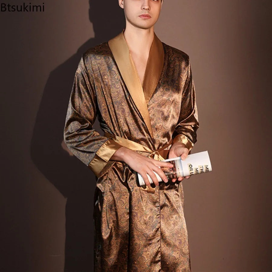 Men's Thin Bathrobe High Quality Nightrobes One-Piece Robe Male Loungewear Gents Spring and Autumn New Ice Silk Printed Pajamas