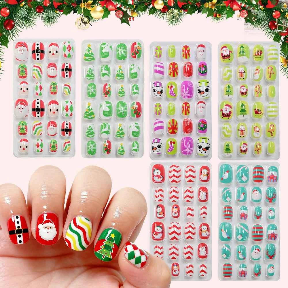 24pcs Princess Girls Christmas Press On Nails Candy Color Kawaii Christmas Tree Snowman False Nails New Year Children Fasle Nail
