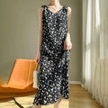 Summer new French silk vest dress for women, acetate satin V-neck light mature fashion floral A-line mid length skirt