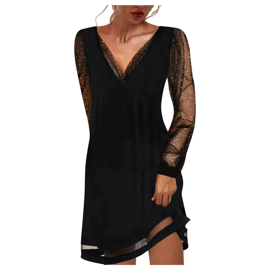 LuxeVibe V-Neck Lace Splice Dress - Knee Length, Ruffle Detail, Long Sleeve, Effortlessly Chic & Comfortable
