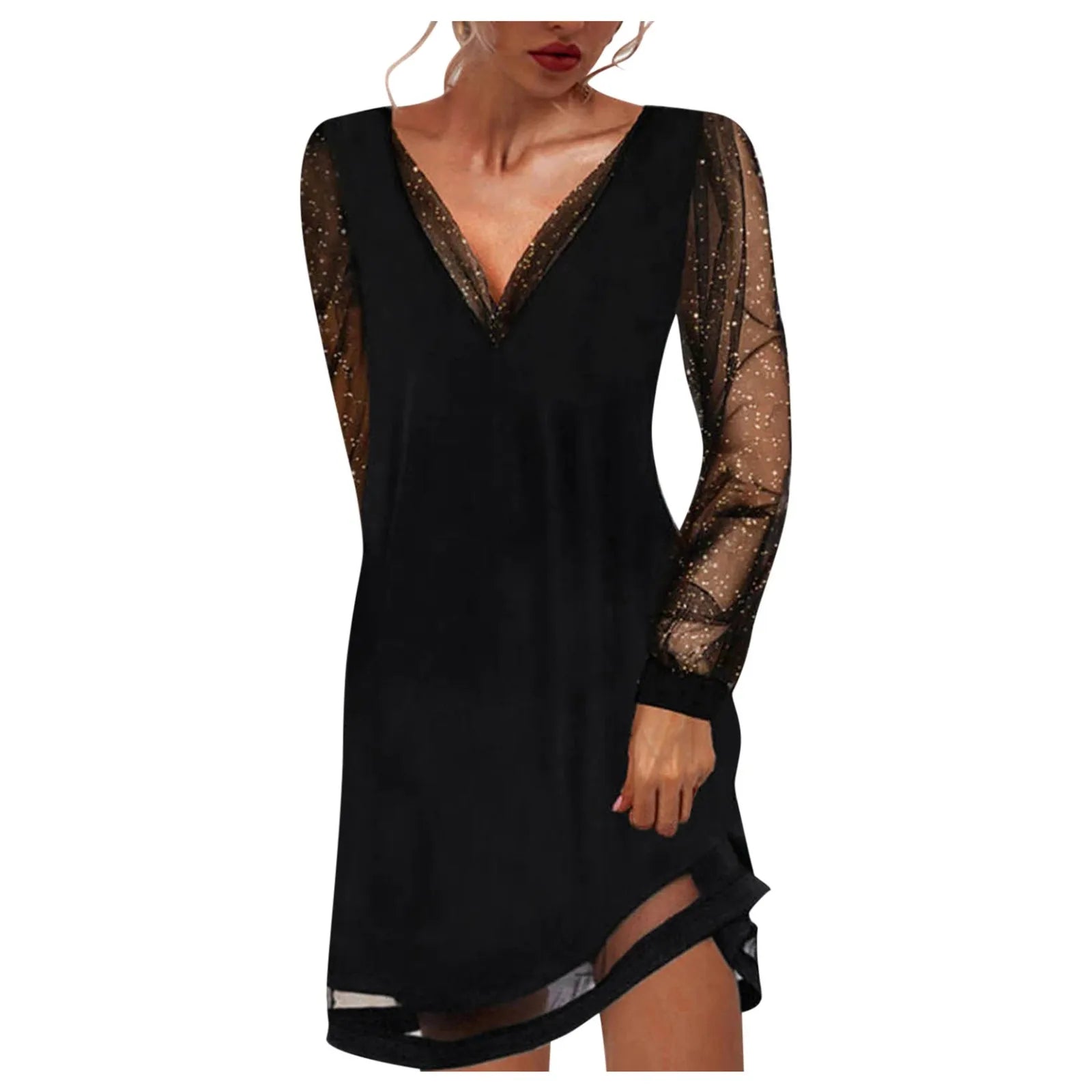 LuxeVibe V-Neck Lace Splice Dress - Knee Length, Ruffle Detail, Long Sleeve, Effortlessly Chic & Comfortable