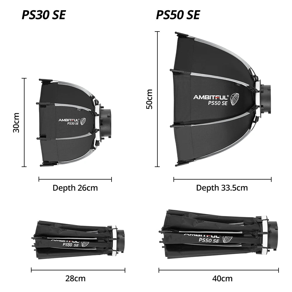 AMBITFUL PS30/PS50 SE 30cm 55cm mini Quickly Release Bowens Mount Octagon Softbox + Honeycomb Grid Outdoor SoftBox for LED Flash