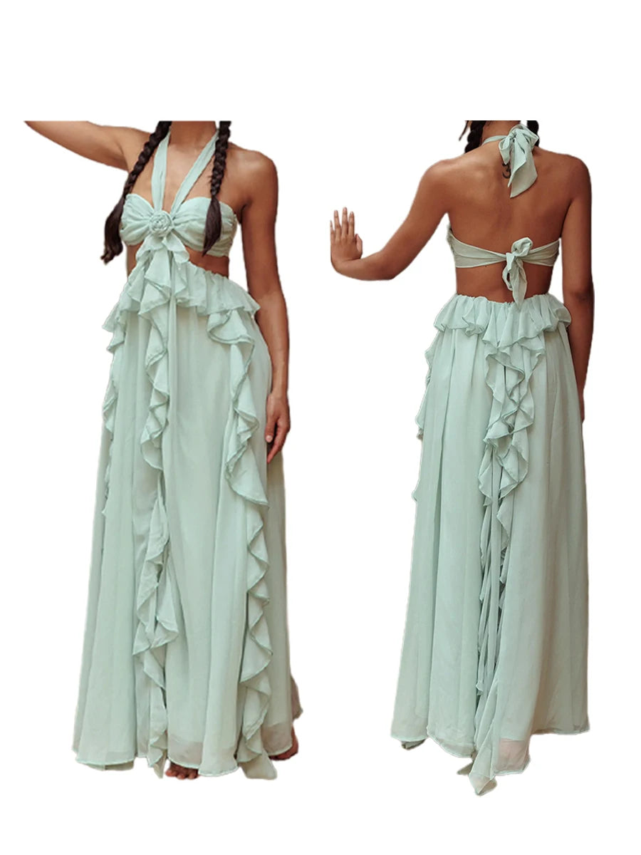 Luxury Women's Holiday Cutout Ball Gown Sleeveless Tie Back Solid Color Ruffle Long Dress Summer Party Dress