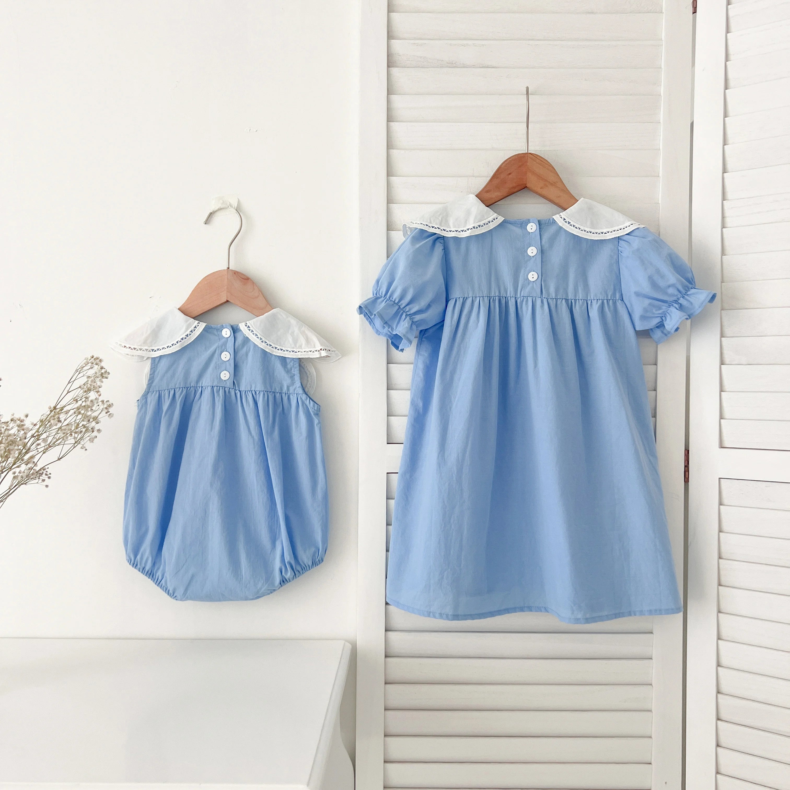Sisters Dress Summer Kids Princess Dresses Short Sleeved Cotton Solid Color Splicing Infant Baby Romper Baby Girl Party Dress