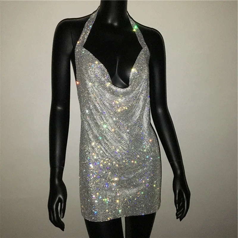 Bling Backless Rhinestone Dress - Sexy Deep V Neck, Sleeveless, Side Split Halter for Nightclub & Party