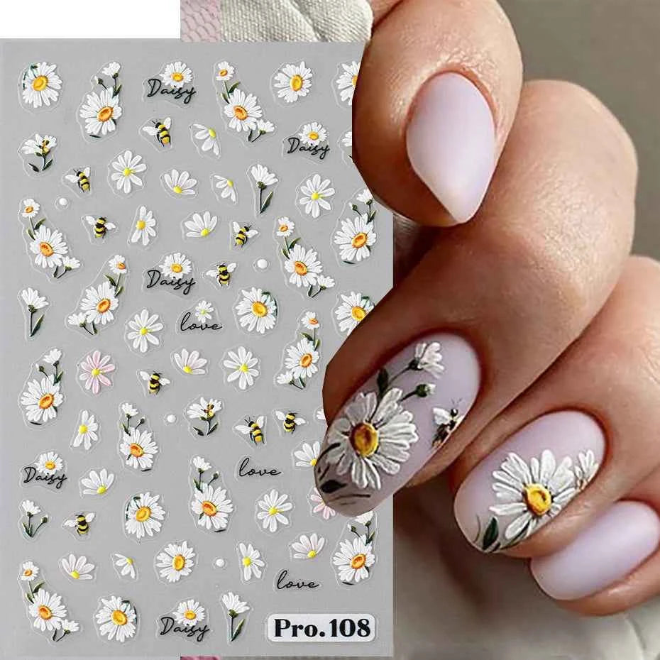 Daisy Dreams Nail Stickers - 5D White Flower & Bee Design, Self-Adhesive Acrylic Decals for DIY Manicure Magic