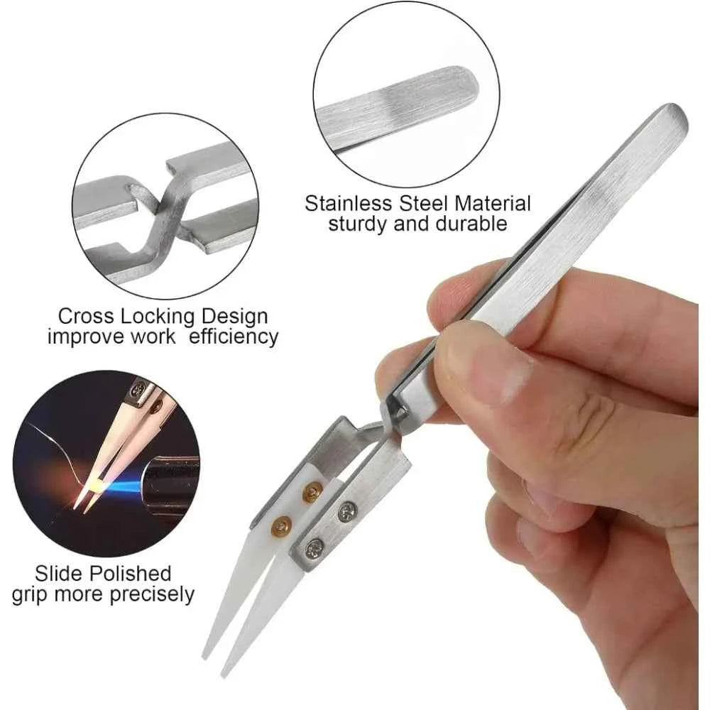 Ceramic Precision Tweezers - Anti-Static, Acid Resistant, Stainless Steel for Electronics Repair