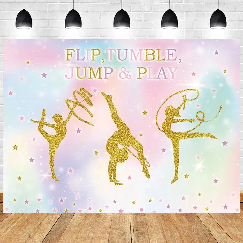 Let's Flip Athlete Gymnast Gymnastic Theme Jump Tumble Play Gymnast Rhythmic Gymnastic Girl Birthday Party Baby shower Backdrop