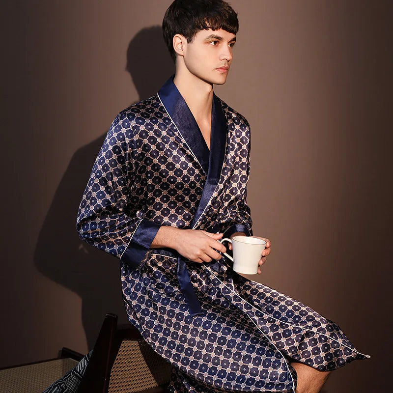 Men's Thin Bathrobe High Quality Nightrobes One-Piece Robe Male Loungewear Gents Spring and Autumn New Ice Silk Printed Pajamas