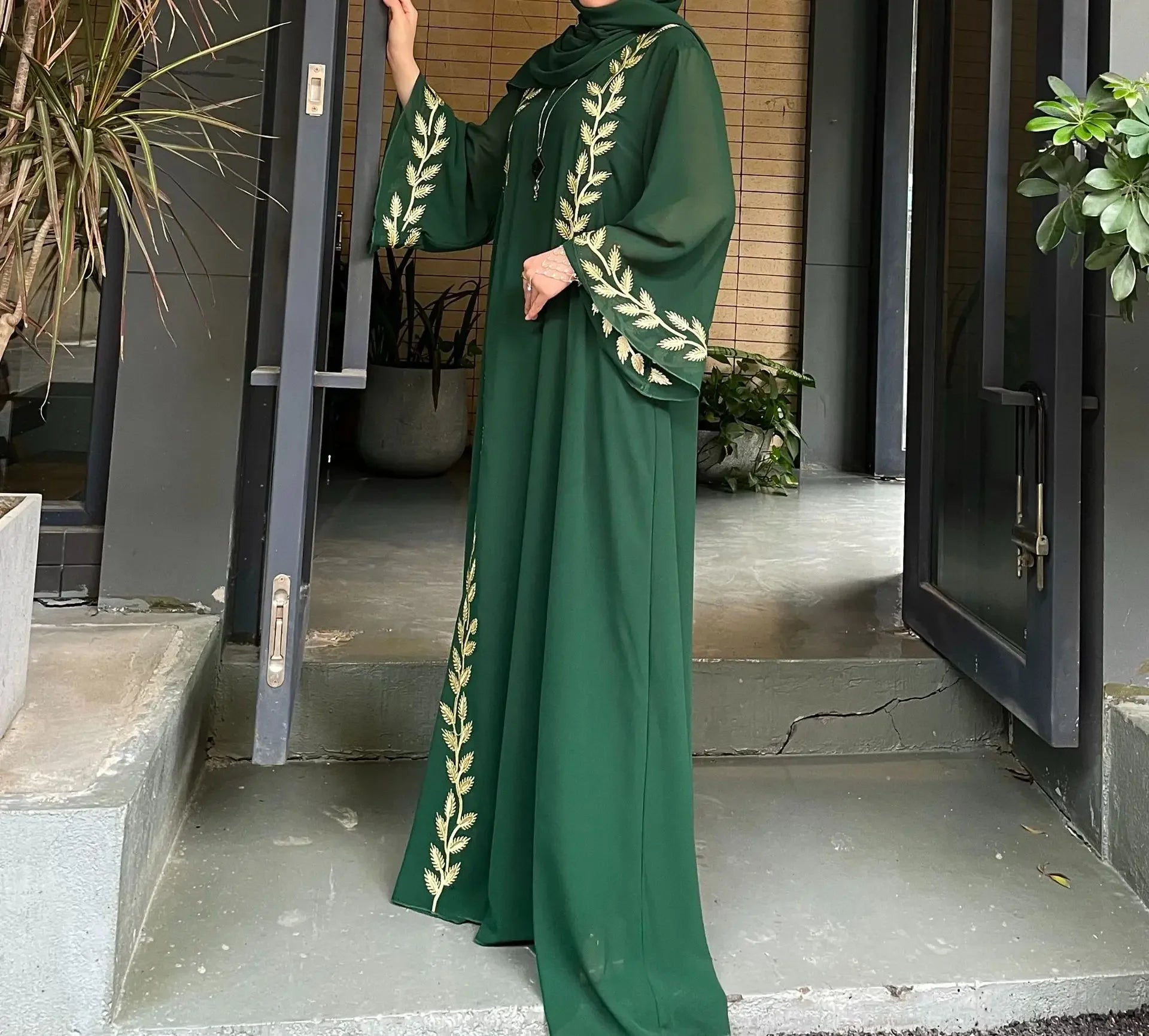 Women's Embroidery Abaya with Scarf – 2-Piece Muslim Dress Set