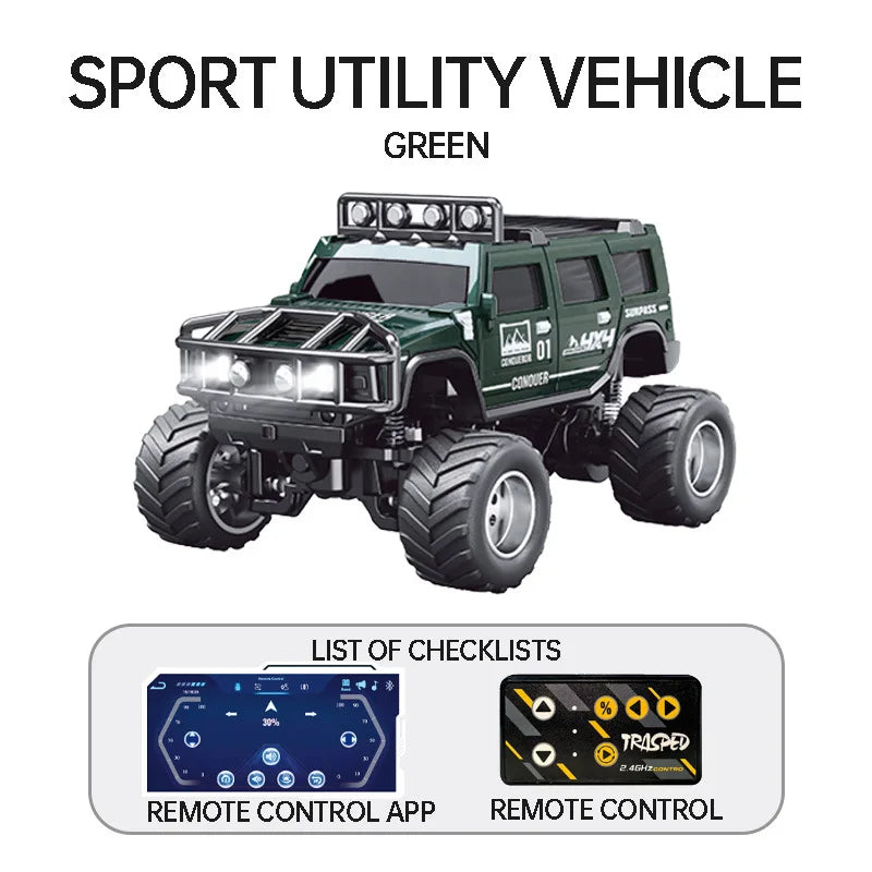1/64 RC Car Mini HG4-221 Off-Road Vehicle Simulation Hummer 2.4G Remote Control Climbing Car with APP Lights Control Gifts Toys
