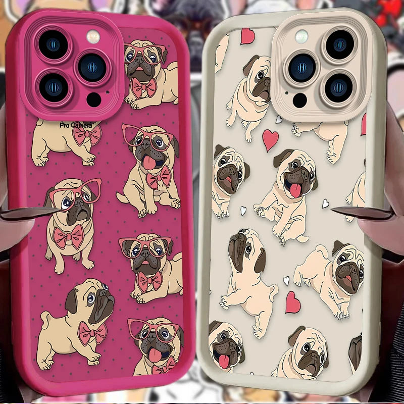 Cute Glasses Pug Dog Case For iPhone 16E 16 15 14 13 12 11 Pro Max X XS X S Max XR SE 2020 7 8 Plus Shockproof Silicone Funda