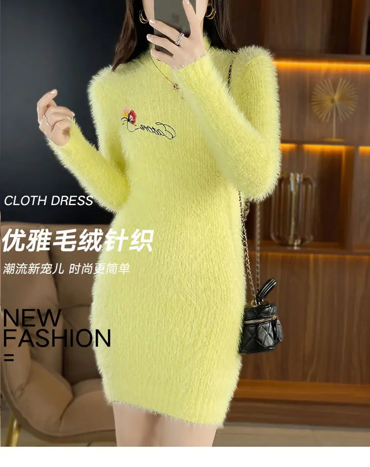 Imitation Mink Fleece Autumn Winter New Plush Slim Sweater Dress Solid Half High Neck Mid Length Embroidered Knit Bottom Dresses
