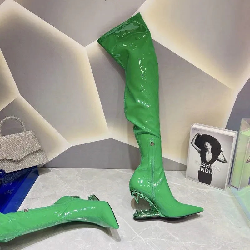 Women's Pointed Tiger Teeth Heel Knee High Elastic Boots Fashionable Over-the-Knee Super High Heel Banquet Show Shoes Autumn Winter