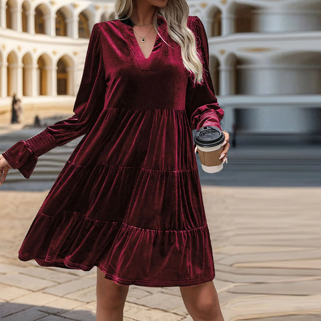 Elegant Vogue Velvet Midi Dress - Long Sleeve V-Neck, High Waist, Chic Style for Evening Parties & Christmas Celebrations