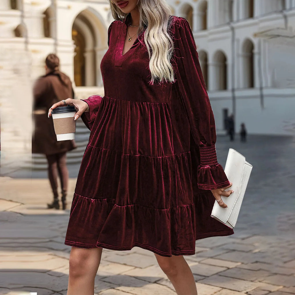 Elegant Vogue Velvet Midi Dress - Long Sleeve V-Neck, High Waist, Chic Style for Evening Parties & Christmas Celebrations