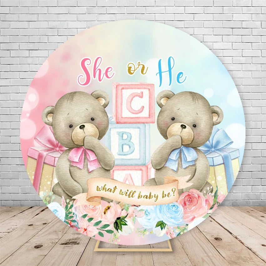Gender Reveal Backdrop Round Cover Watercolor Cloud Bear Party Decor He or She Oh Baby Shower Photography Background Elasticity