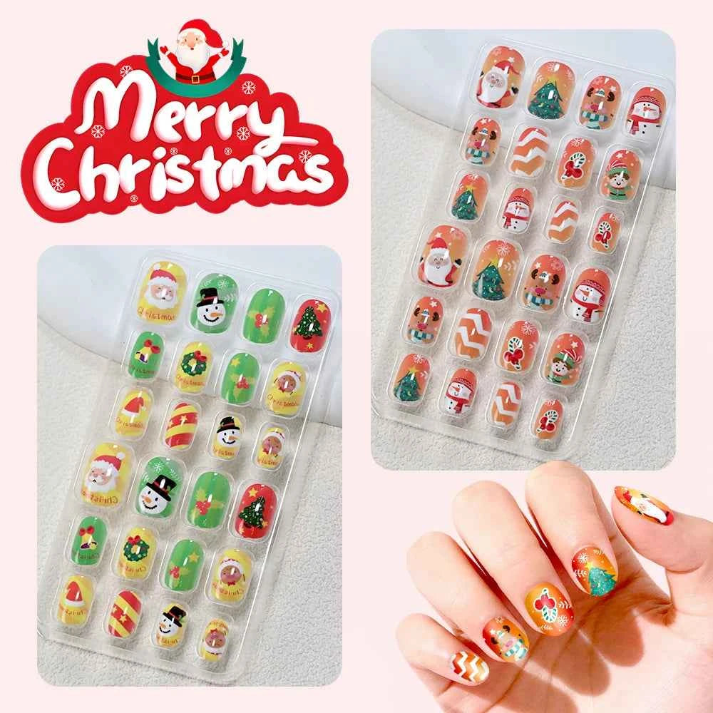24pcs Princess Girls Christmas Press On Nails Candy Color Kawaii Christmas Tree Snowman False Nails New Year Children Fasle Nail