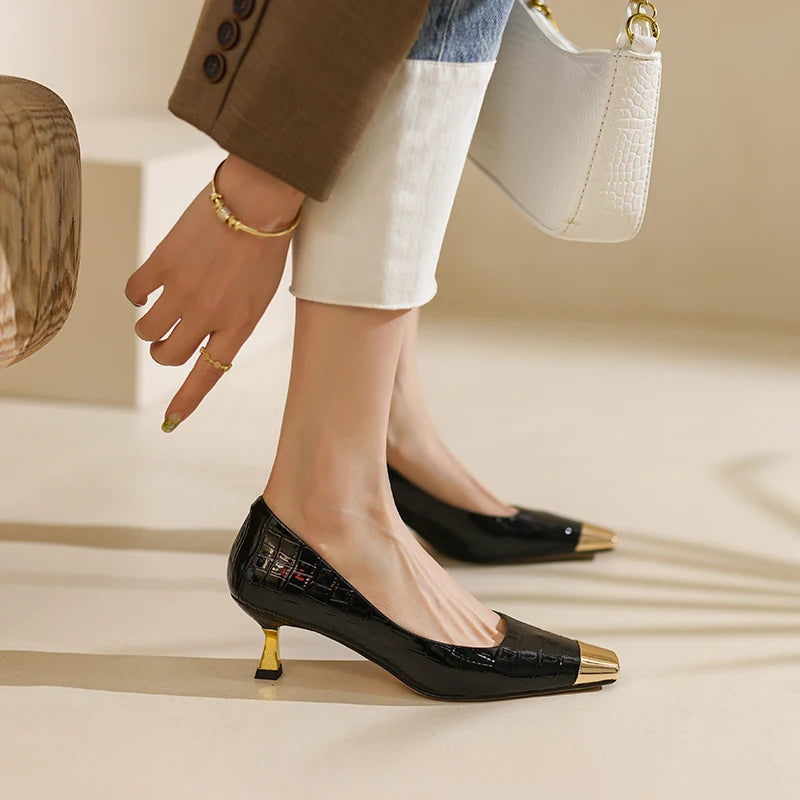 【JOCHEBED HU】Brand New Shoes Metal Square Toe Women Pumps Patchwork Genuine Leather Thin High Heels Ladies Footwear Plus 34-43