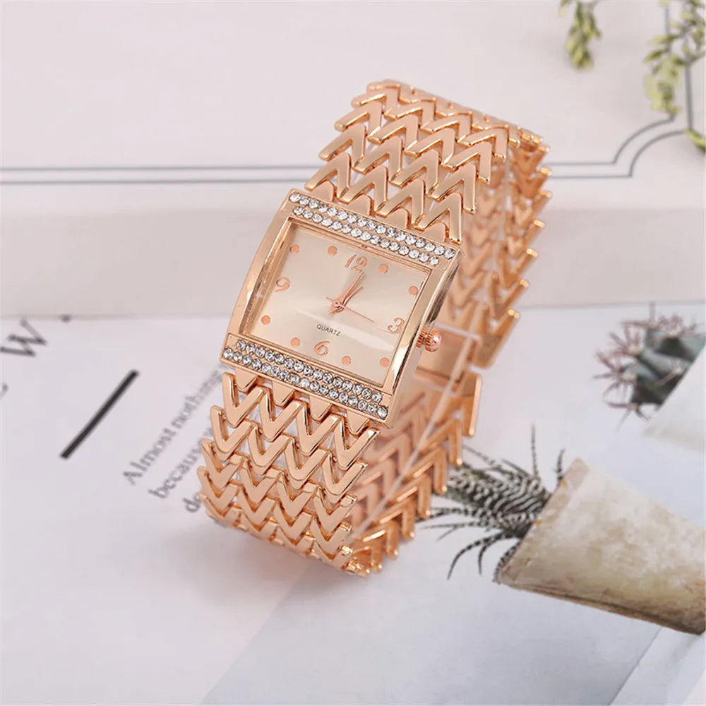 Luxury Golds Ladies Square Diamond Watch - Elegant Stainless Steel Quartz Timepiece for Fashion-Forward Women