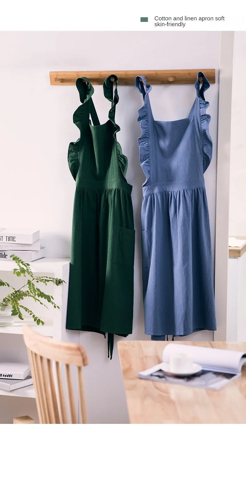 Cross Back Apron Kitchen Apron Ruffled with Pockets for Chef Gardening Pink Work Women with Big Pinafore Dress Cooking Baking