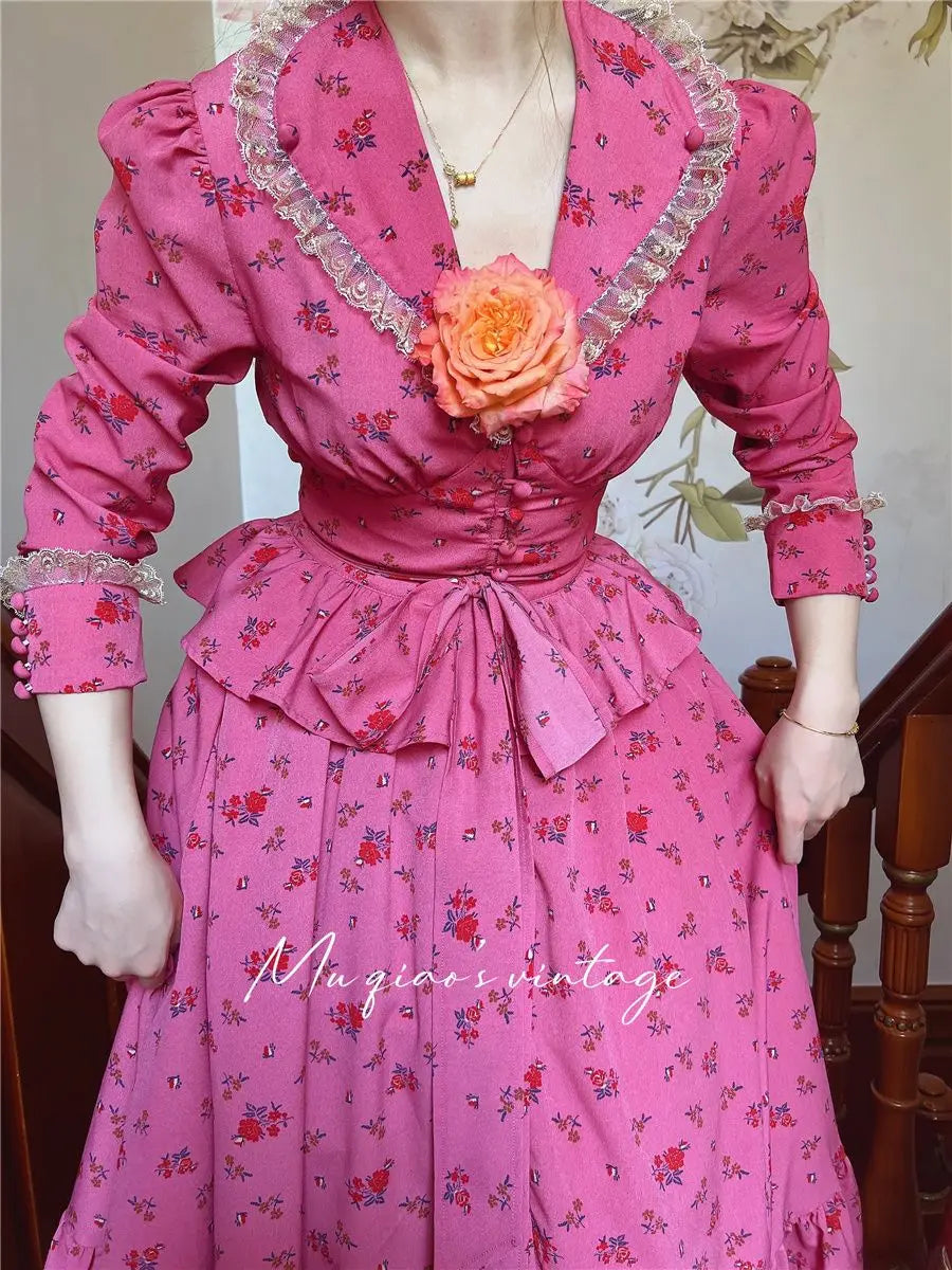 Rose Red Flower Autumn Long Sleeve French Vintage Dress V-neck Waist Cinched Slimming Ruffle Large Swing Long Dress for Women