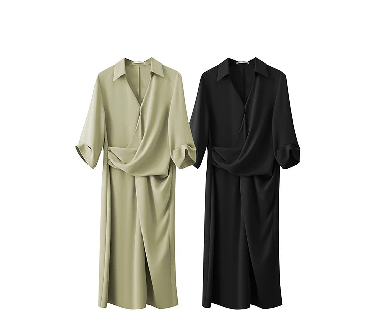 AMII Minimalist Dress Women 2025 Autumn New Elegant Office Lady Lapel V-neck Slim Non-stretch Pleated Knee A-Line Dress 12521027