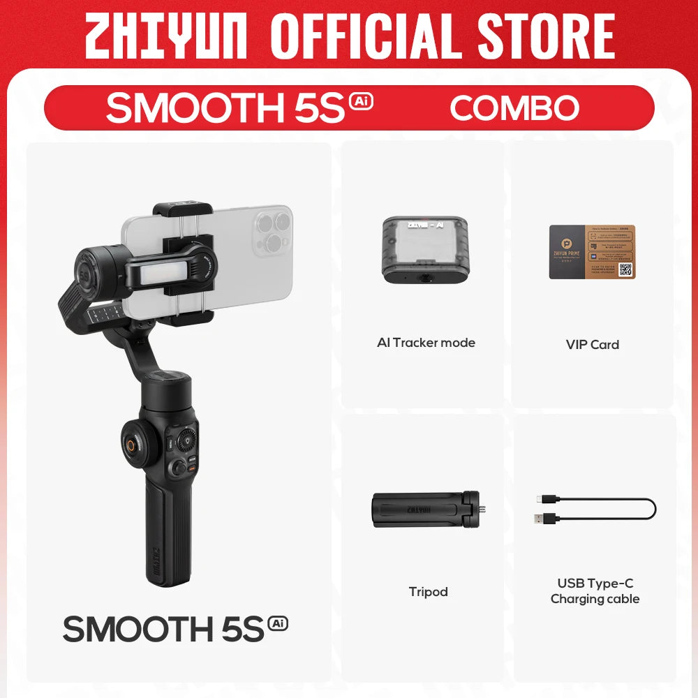 ZHIYUN Official SMOOTH 5S AI Smartphone Gimbal 3-Axis Gimbals Fill Light Phone Stabilizer for iPhone 15 Pro Max Android