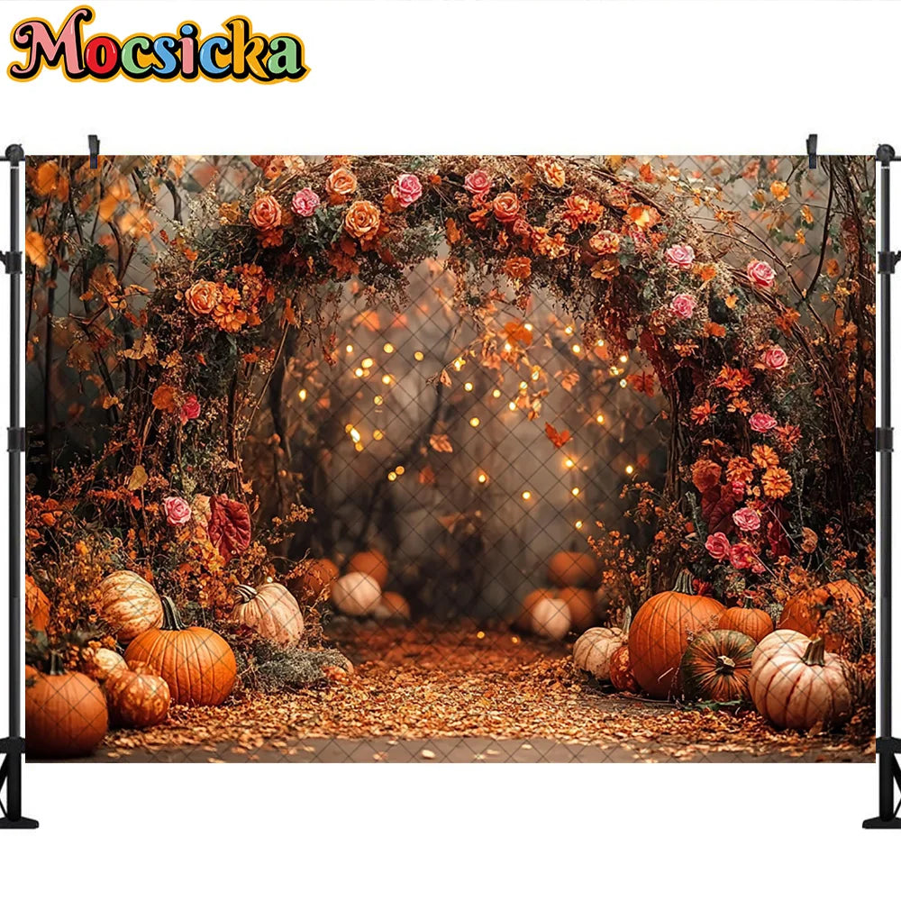 Mocsicka Photography Backdrop Autumn Pumpkin Maple Leaves Decoration Fall Portraits Photo Supplies Backgrounds For Photographs